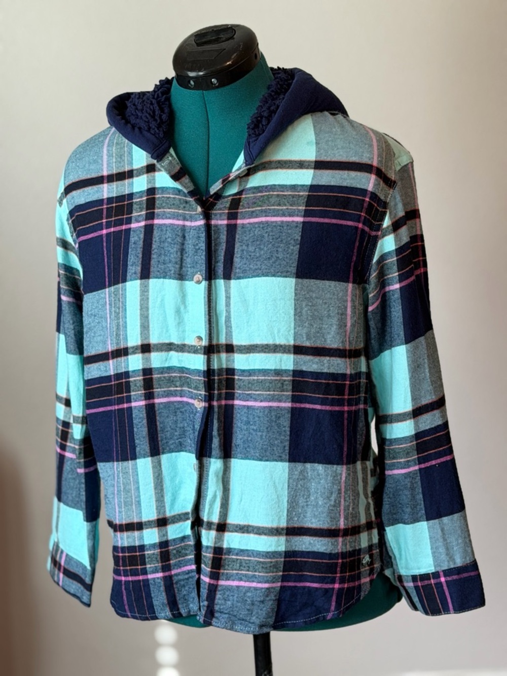 Justice Plaid Shirt Jacket in Aqua, Navy & Pink Trim